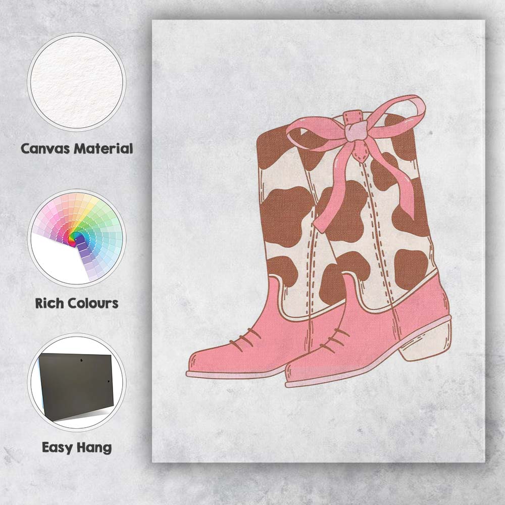 Pink Cow Print Cowboy Boots Ribbon Bow Illustration Canvas Wall Art Print Decor Picture Ready to Hang