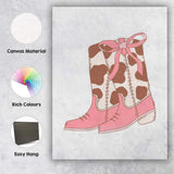 Pink Cow Print Cowboy Boots Ribbon Bow Illustration Canvas Wall Art Print Decor Picture Ready to Hang