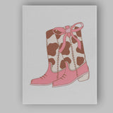 Pink Cow Print Cowboy Boots Ribbon Bow Illustration Canvas Wall Art Print Decor Picture Ready to Hang
