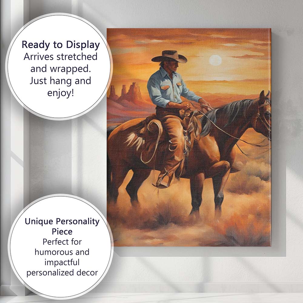 Western Cowboy Horse Desert Sunset Painting Canvas Wall Art Print Decor Picture Ready to Hang