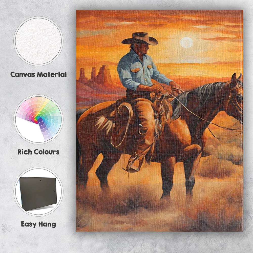 Western Cowboy Horse Desert Sunset Painting Canvas Wall Art Print Decor Picture Ready to Hang