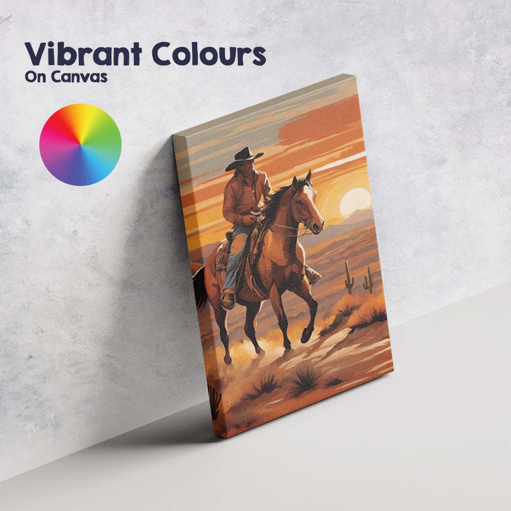 Western Cowboy Riding Horse Desert Sunset Artwork Canvas Wall Art Print Decor Picture Ready to Hang
