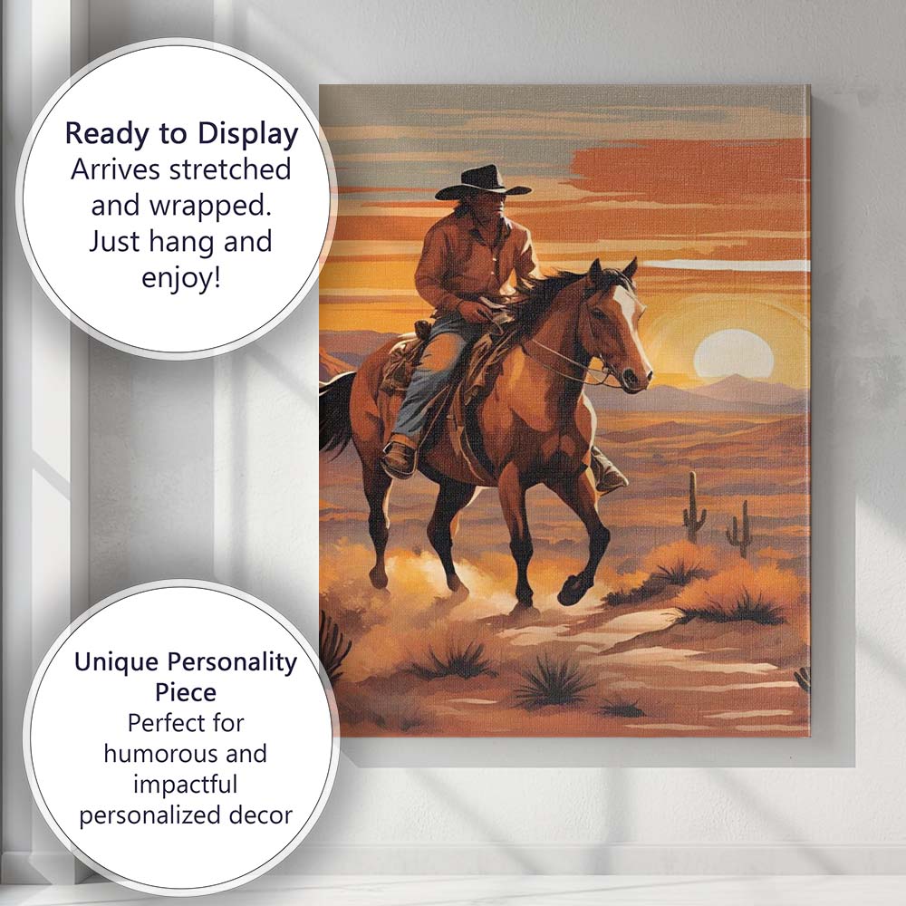 Western Cowboy Riding Horse Desert Sunset Artwork Canvas Wall Art Print Decor Picture Ready to Hang