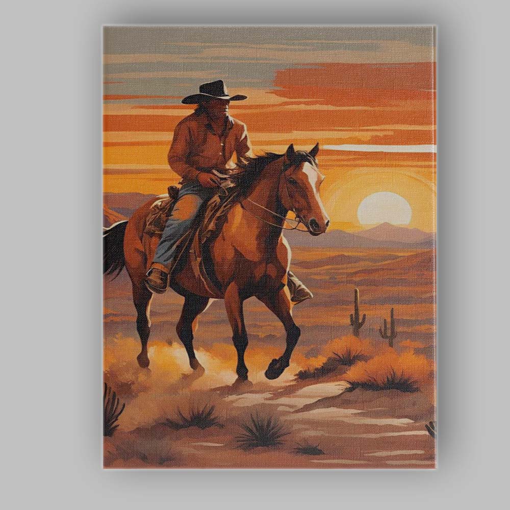 Western Cowboy Riding Horse Desert Sunset Artwork Canvas Wall Art Print Decor Picture Ready to Hang