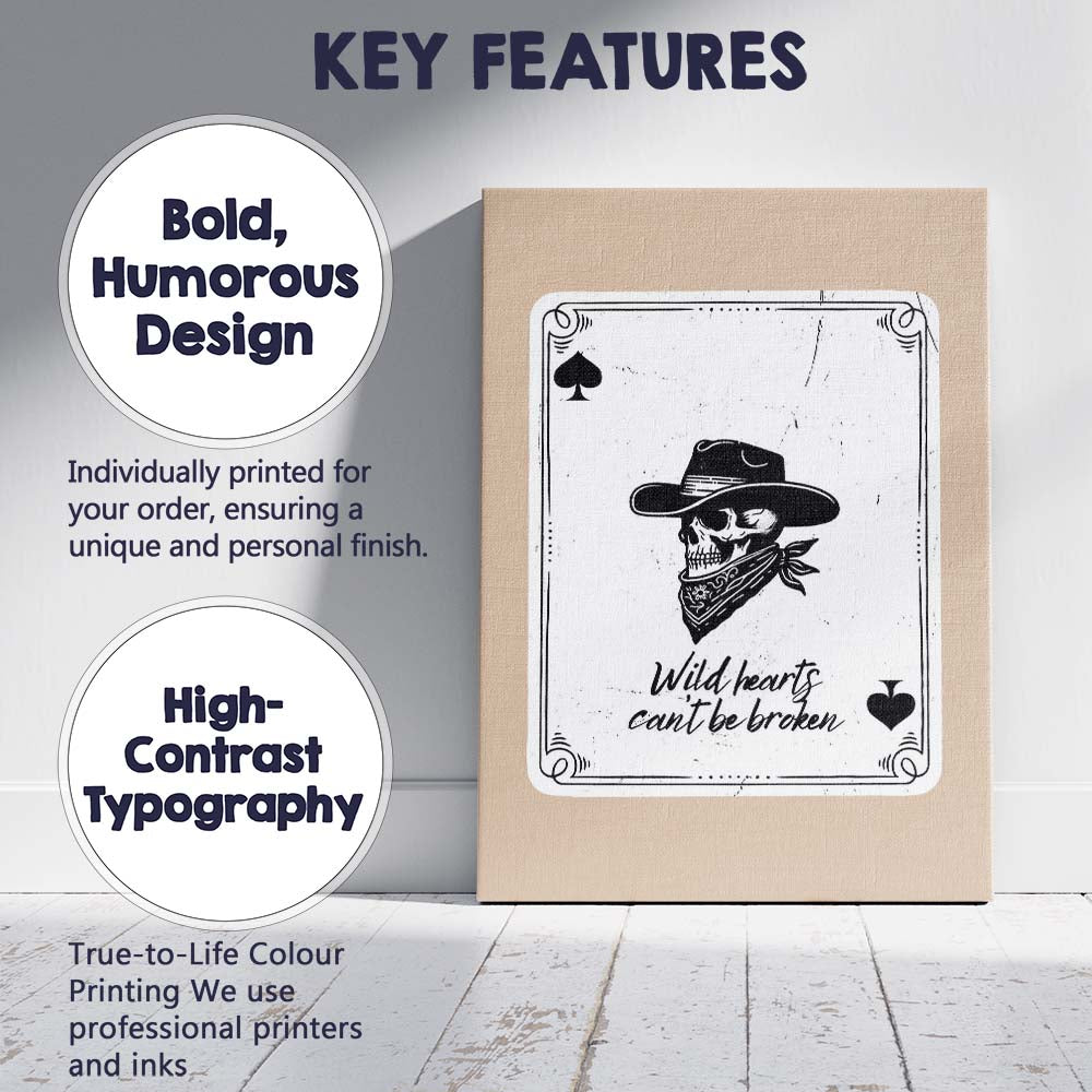 Wild Hearts Cant Be Broken Cowboy Skull Playing Card Canvas Wall Art Print Decor Picture Ready to Hang