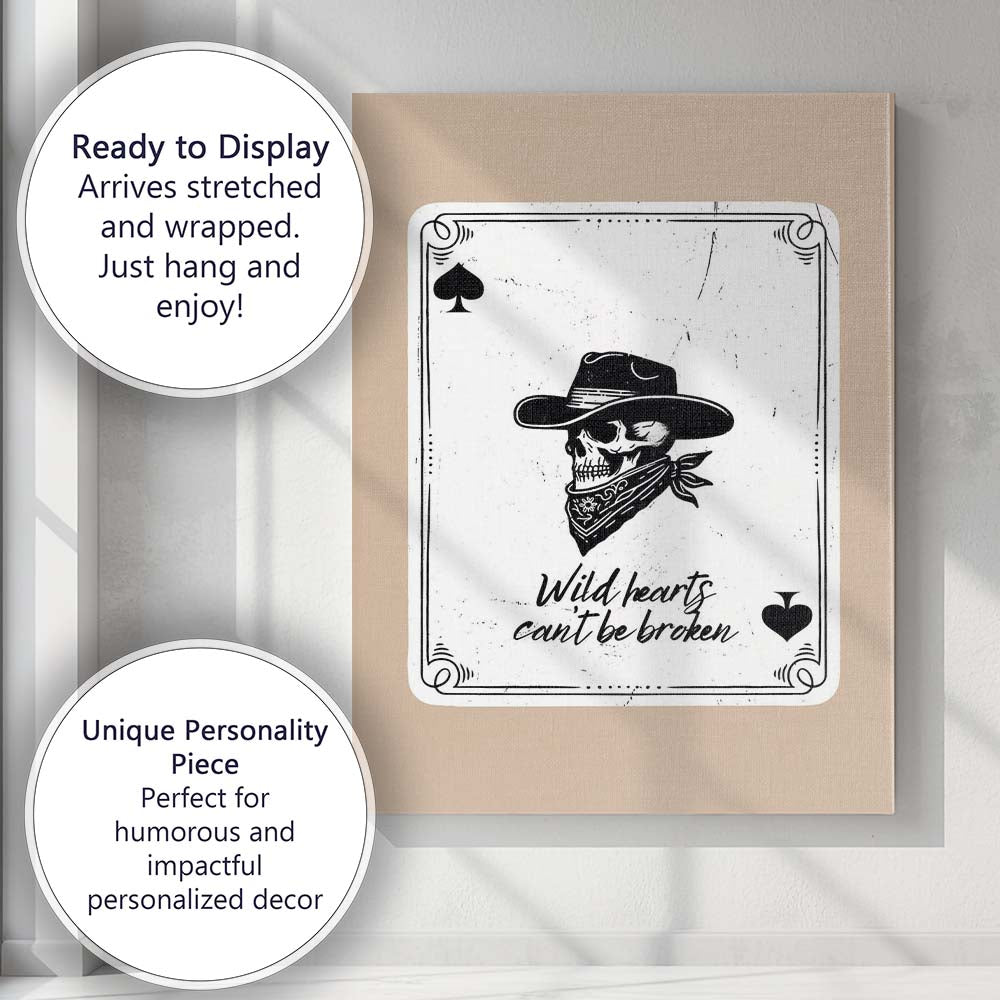 Wild Hearts Cant Be Broken Cowboy Skull Playing Card Canvas Wall Art Print Decor Picture Ready to Hang