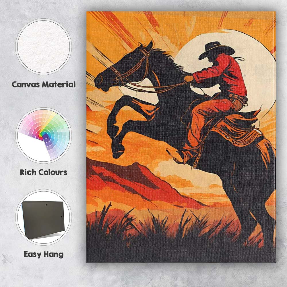 Bold Western Cowboy Riding Horse Sunset Illustration Canvas Wall Art Print Decor Picture Ready to Hang