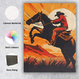 Bold Western Cowboy Riding Horse Sunset Illustration Canvas Wall Art Print Decor Picture Ready to Hang