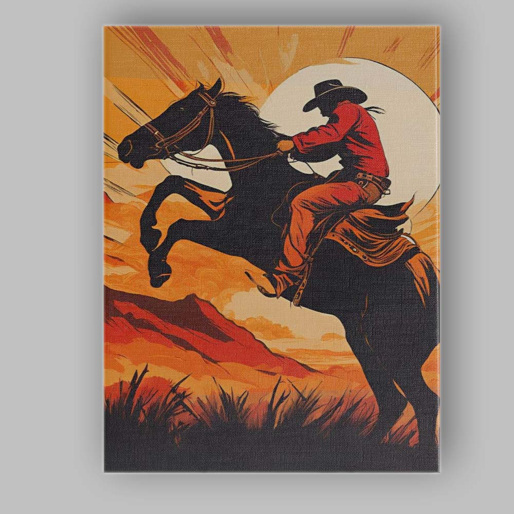 Bold Western Cowboy Riding Horse Sunset Illustration Canvas Wall Art Print Decor Picture Ready to Hang
