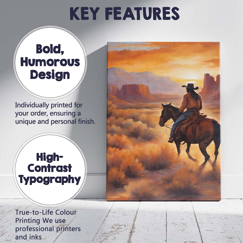 Western Cowboy Riding Through Desert Sunset Landscape Canvas Wall Art Print Decor Picture Ready to Hang