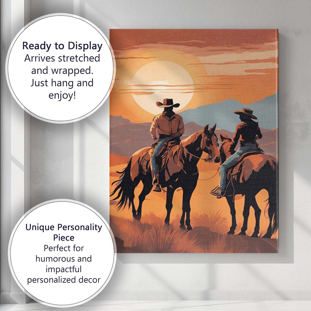 Cowboy Couple Watching Desert Sunset Horseback Canvas Wall Art Print Decor Picture Ready to Hang