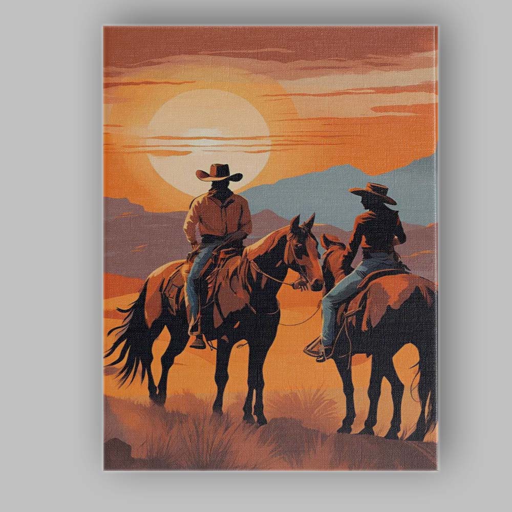 Cowboy Couple Watching Desert Sunset Horseback Canvas Wall Art Print Decor Picture Ready to Hang
