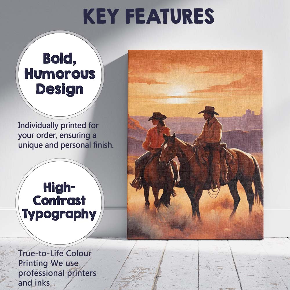 Romantic Cowboy Couple Horseback Desert Golden Sunset Canvas Wall Art Print Decor Picture Ready to Hang