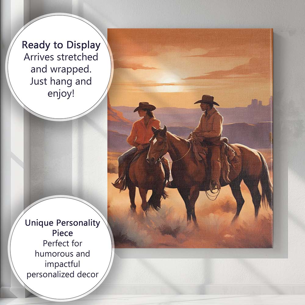 Romantic Cowboy Couple Horseback Desert Golden Sunset Canvas Wall Art Print Decor Picture Ready to Hang