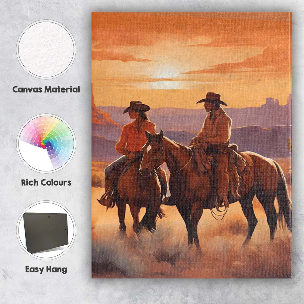 Romantic Cowboy Couple Horseback Desert Golden Sunset Canvas Wall Art Print Decor Picture Ready to Hang