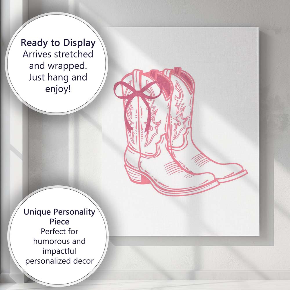 Pink Western Cowboy Boots Line Art Illustration Canvas Wall Art Print Decor Picture Ready to Hang
