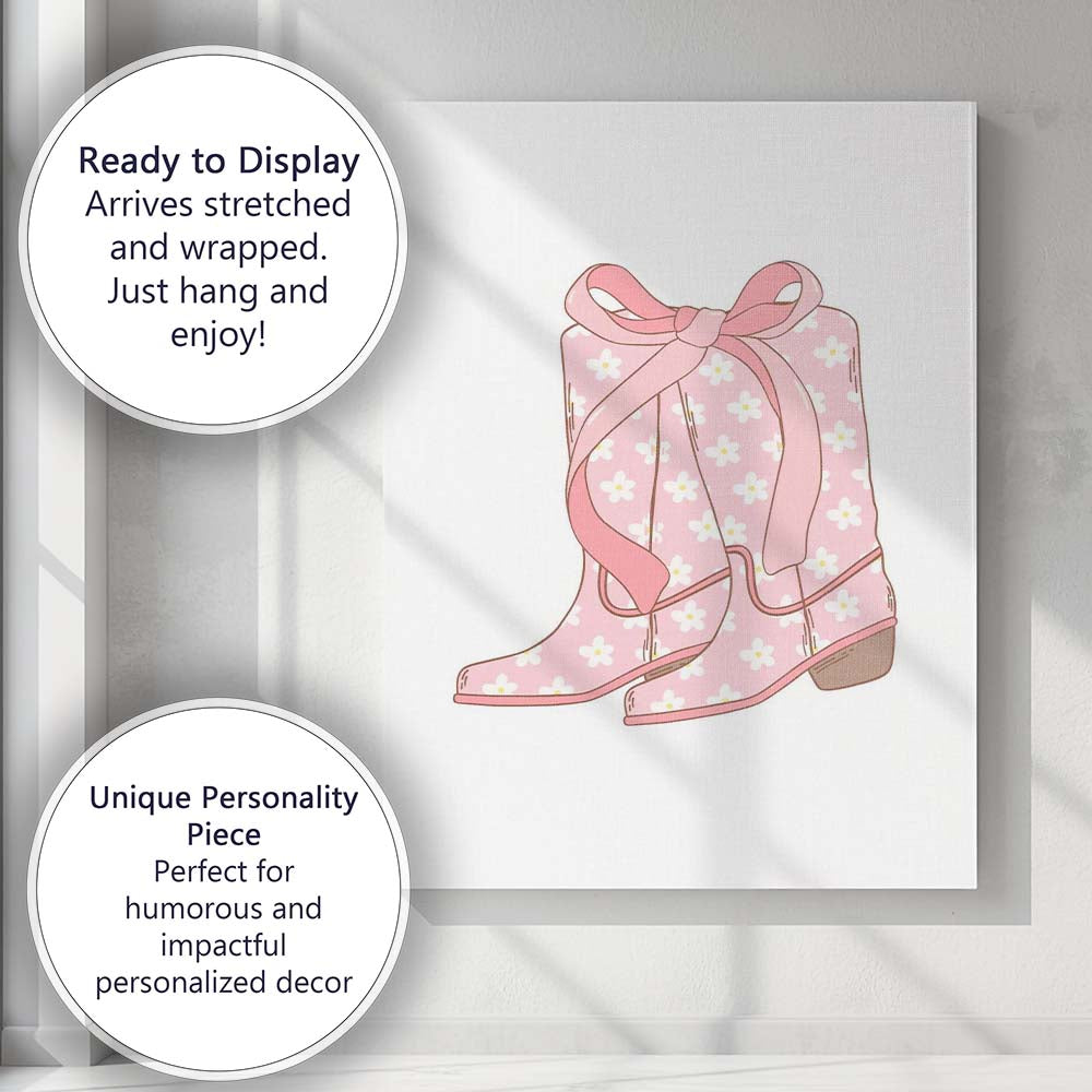 Pink Daisy Floral Cowboy Boots Bow Illustration Canvas Wall Art Print Decor Picture Ready to Hang