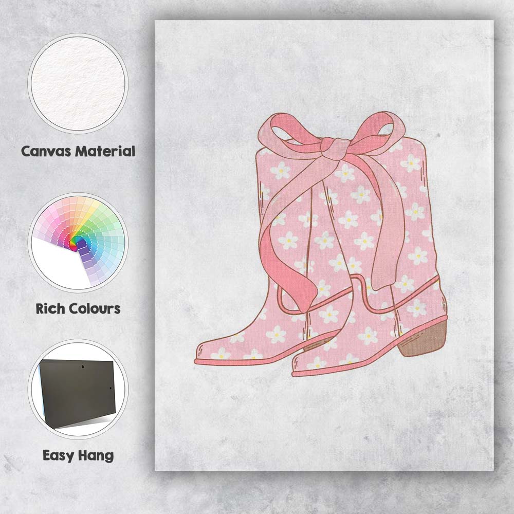 Pink Daisy Floral Cowboy Boots Bow Illustration Canvas Wall Art Print Decor Picture Ready to Hang