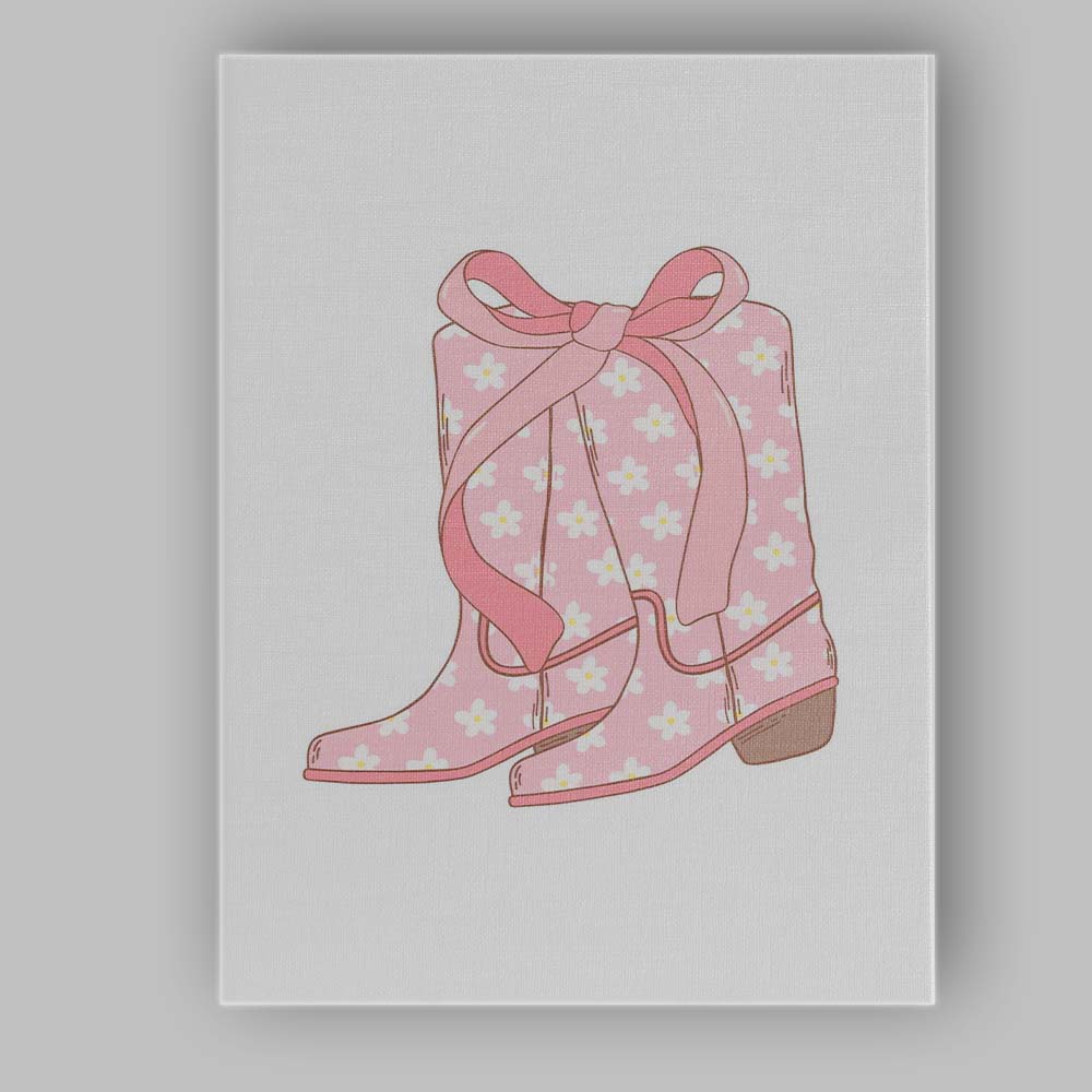 Pink Daisy Floral Cowboy Boots Bow Illustration Canvas Wall Art Print Decor Picture Ready to Hang