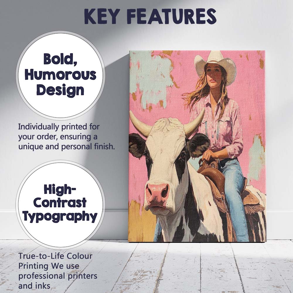 Pink Cowgirl Riding Holstein Cow Western Portrait Canvas Wall Art Print Decor Picture Ready to Hang