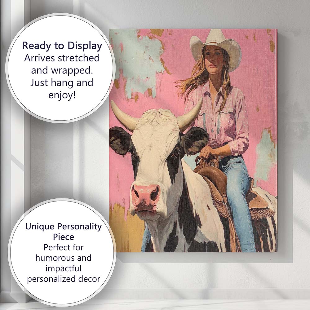 Pink Cowgirl Riding Holstein Cow Western Portrait Canvas Wall Art Print Decor Picture Ready to Hang