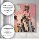 Pink Cowgirl Riding Holstein Cow Western Portrait Canvas Wall Art Print Decor Picture Ready to Hang