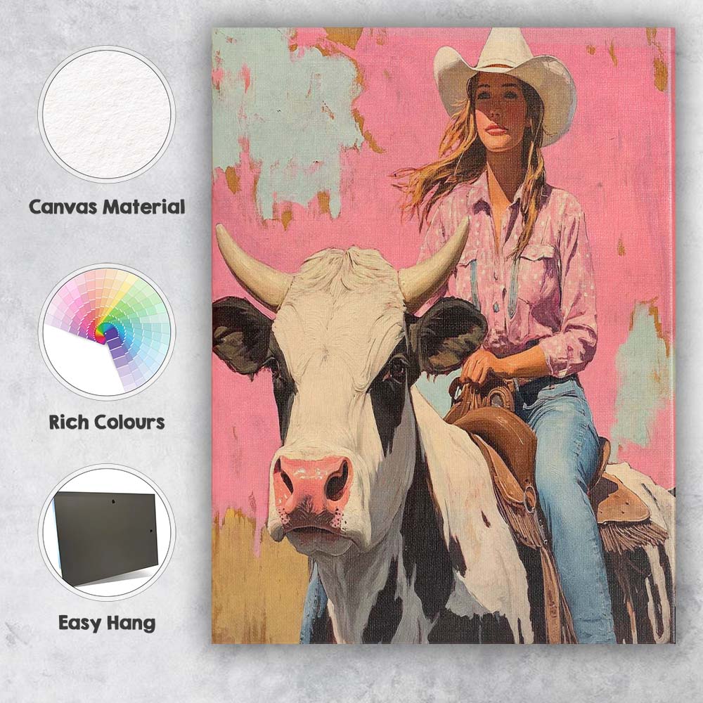 Pink Cowgirl Riding Holstein Cow Western Portrait Canvas Wall Art Print Decor Picture Ready to Hang