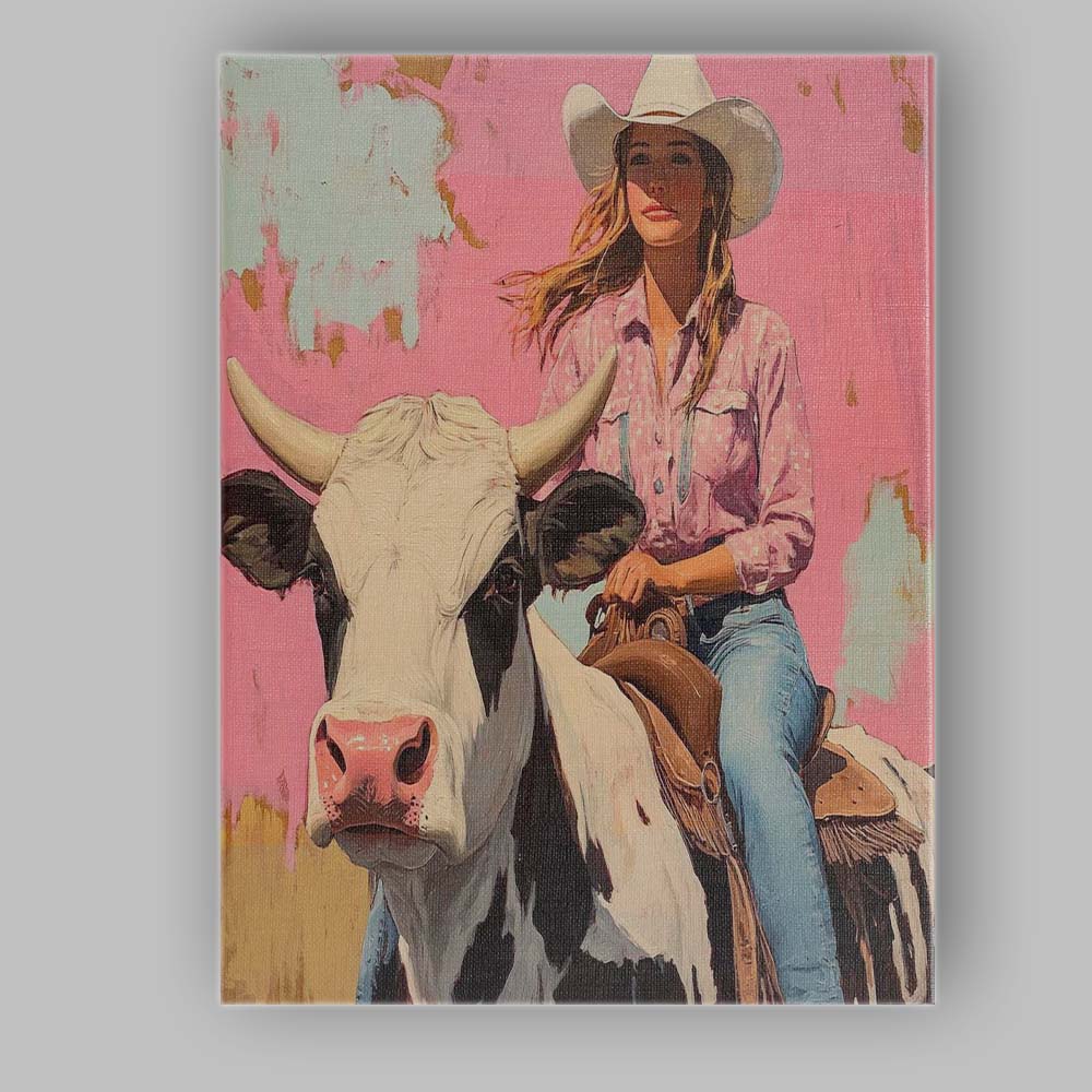 Pink Cowgirl Riding Holstein Cow Western Portrait Canvas Wall Art Print Decor Picture Ready to Hang