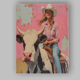 Pink Cowgirl Riding Holstein Cow Western Portrait Canvas Wall Art Print Decor Picture Ready to Hang