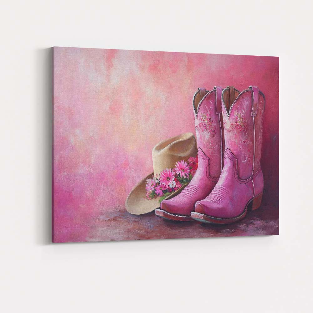 Pink Floral Cowboy Boots And Cowgirl Hat Still Life Canvas Wall Art Print Decor Picture Ready to Hang