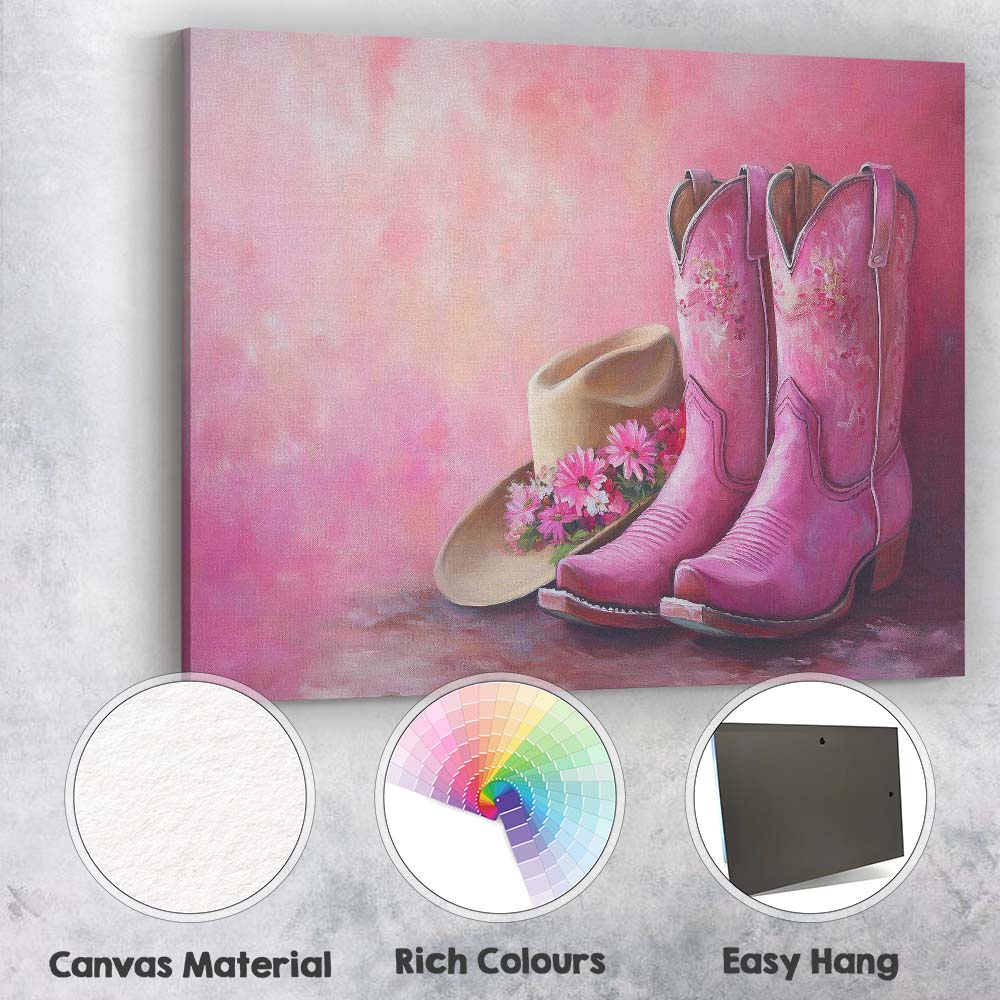 Pink Floral Cowboy Boots And Cowgirl Hat Still Life Canvas Wall Art Print Decor Picture Ready to Hang