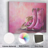 Pink Floral Cowboy Boots And Cowgirl Hat Still Life Canvas Wall Art Print Decor Picture Ready to Hang