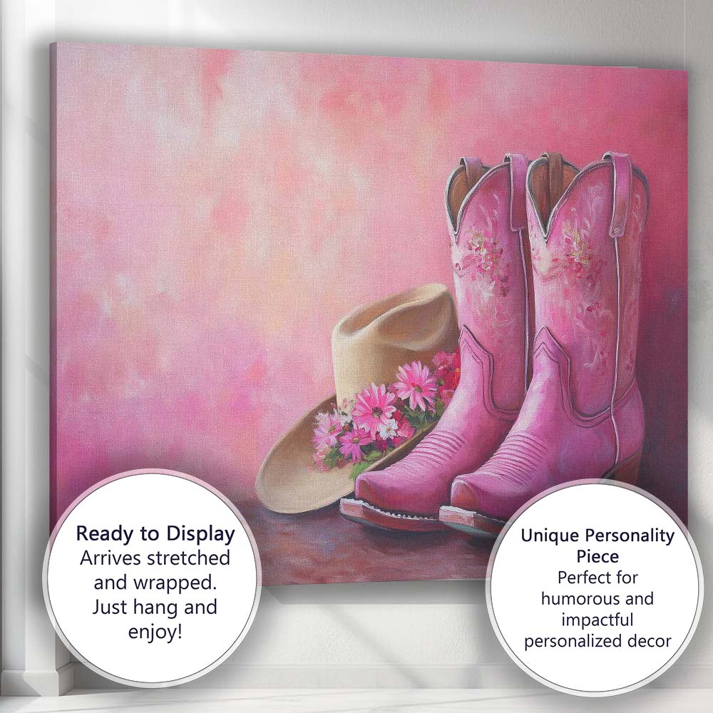 Pink Floral Cowboy Boots And Cowgirl Hat Still Life Canvas Wall Art Print Decor Picture Ready to Hang