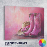 Pink Floral Cowboy Boots And Cowgirl Hat Still Life Canvas Wall Art Print Decor Picture Ready to Hang