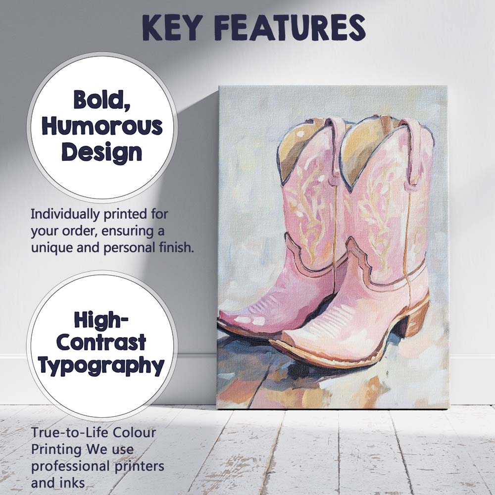 Soft Pink Western Cowboy Boots Oil Painting Canvas Wall Art Print Decor Picture Ready to Hang