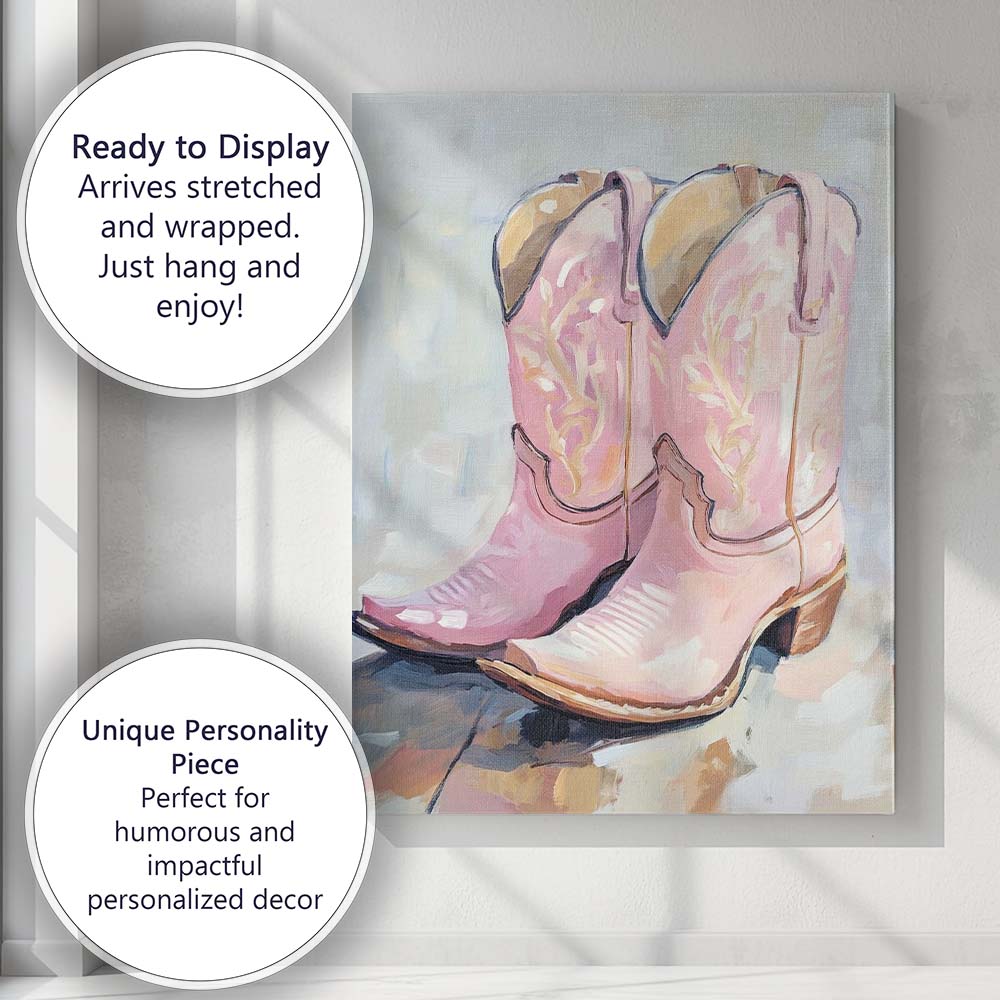 Soft Pink Western Cowboy Boots Oil Painting Canvas Wall Art Print Decor Picture Ready to Hang