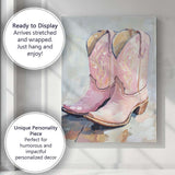 Soft Pink Western Cowboy Boots Oil Painting Canvas Wall Art Print Decor Picture Ready to Hang