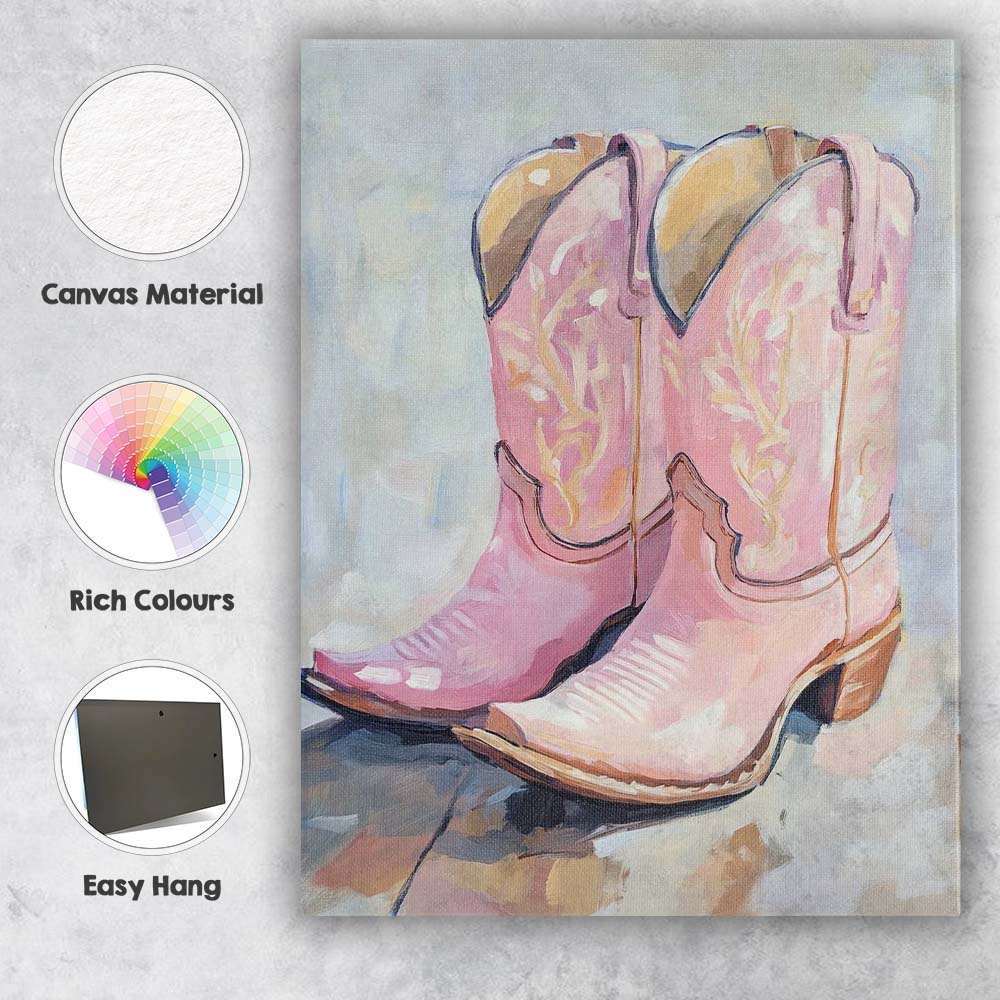 Soft Pink Western Cowboy Boots Oil Painting Canvas Wall Art Print Decor Picture Ready to Hang