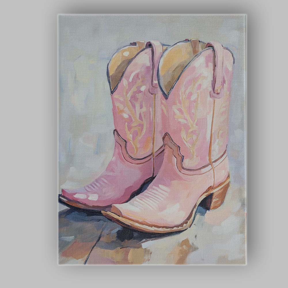 Soft Pink Western Cowboy Boots Oil Painting Canvas Wall Art Print Decor Picture Ready to Hang