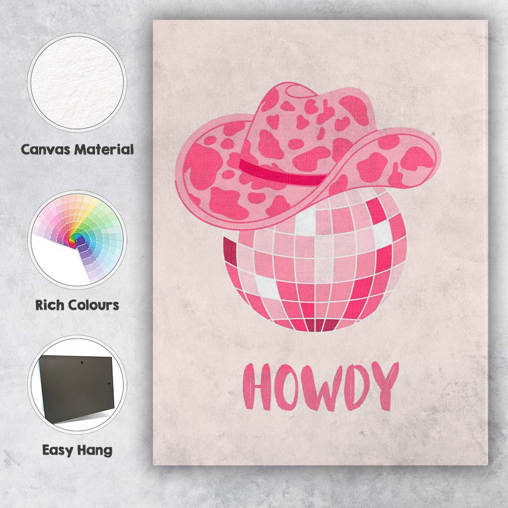 Pink Disco Cowgirl Hat Retro Western Typography Canvas Wall Art Print Decor Picture Ready to Hang