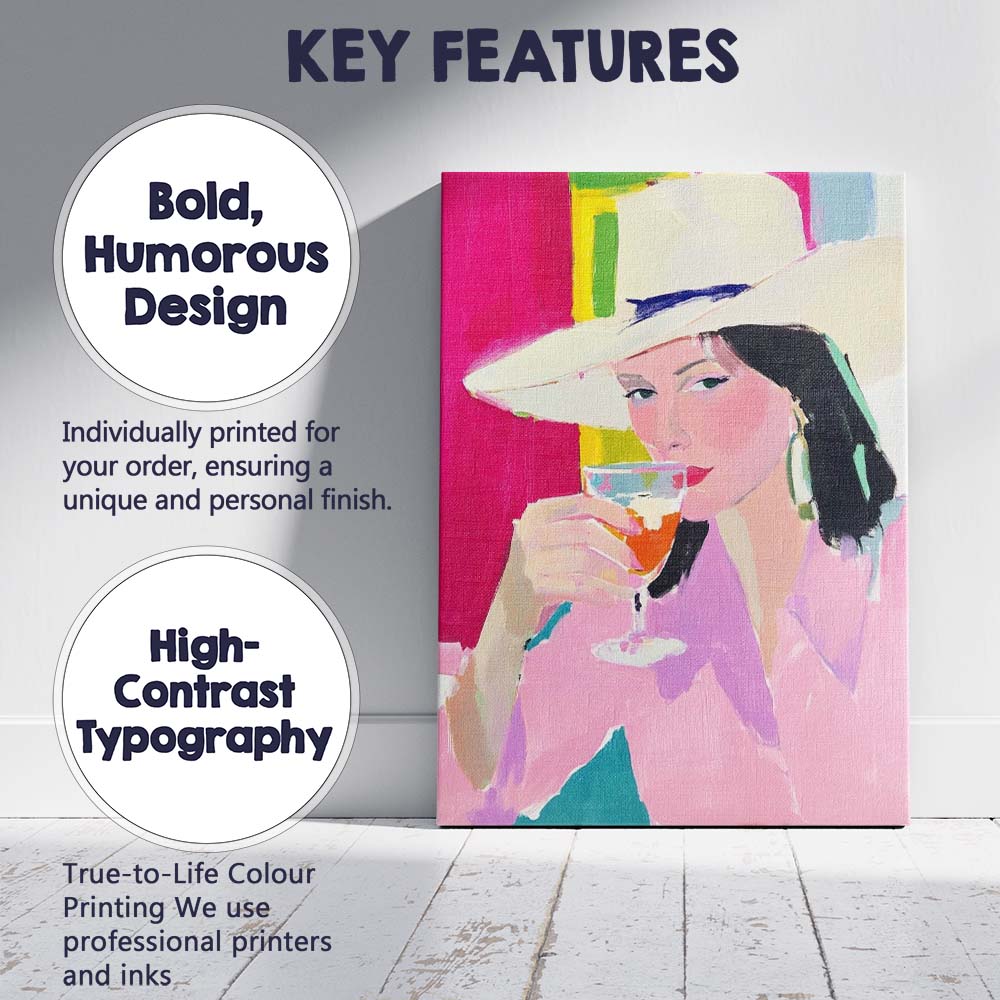 Elegant Cowgirl With White Hat Cocktail Portrait Canvas Wall Art Print Decor Picture Ready to Hang