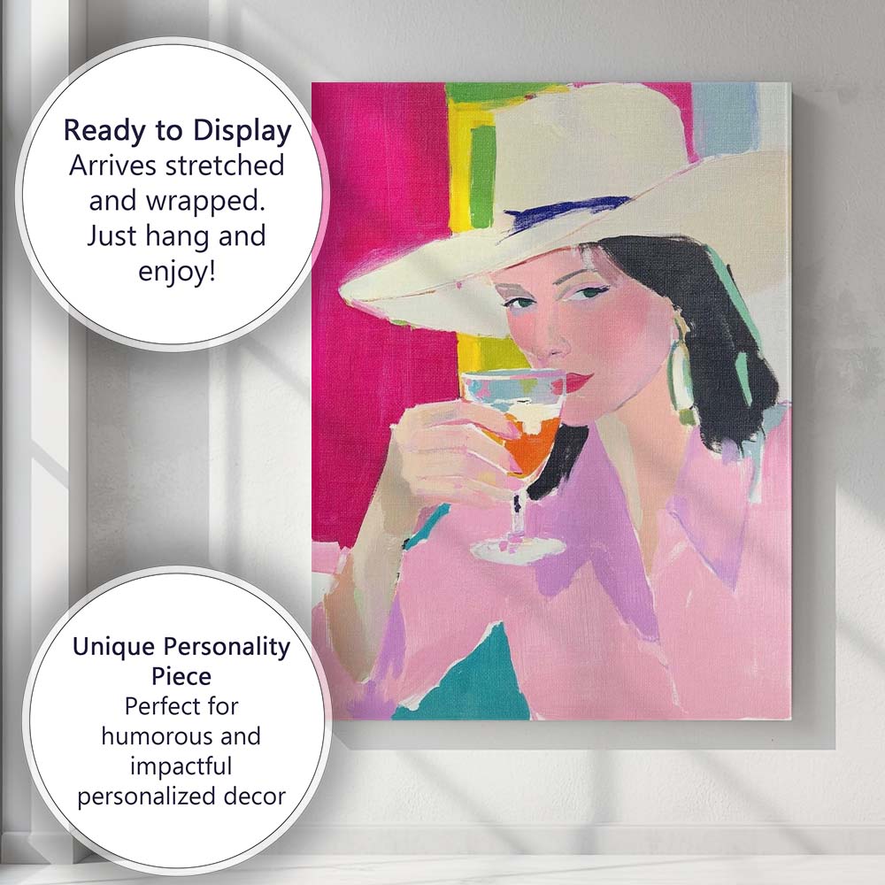 Elegant Cowgirl With White Hat Cocktail Portrait Canvas Wall Art Print Decor Picture Ready to Hang