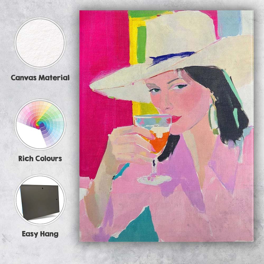 Elegant Cowgirl With White Hat Cocktail Portrait Canvas Wall Art Print Decor Picture Ready to Hang