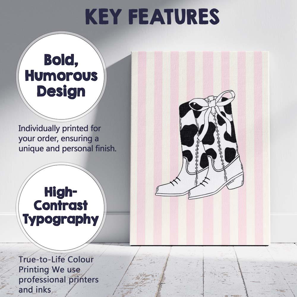 Black And White Cow Print Cowboy Boots Illustration Canvas Wall Art Print Decor Picture Ready to Hang