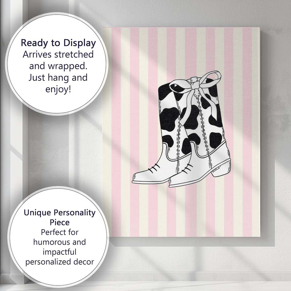 Black And White Cow Print Cowboy Boots Illustration Canvas Wall Art Print Decor Picture Ready to Hang