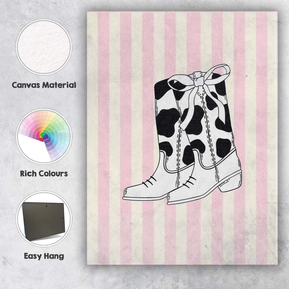 Black And White Cow Print Cowboy Boots Illustration Canvas Wall Art Print Decor Picture Ready to Hang