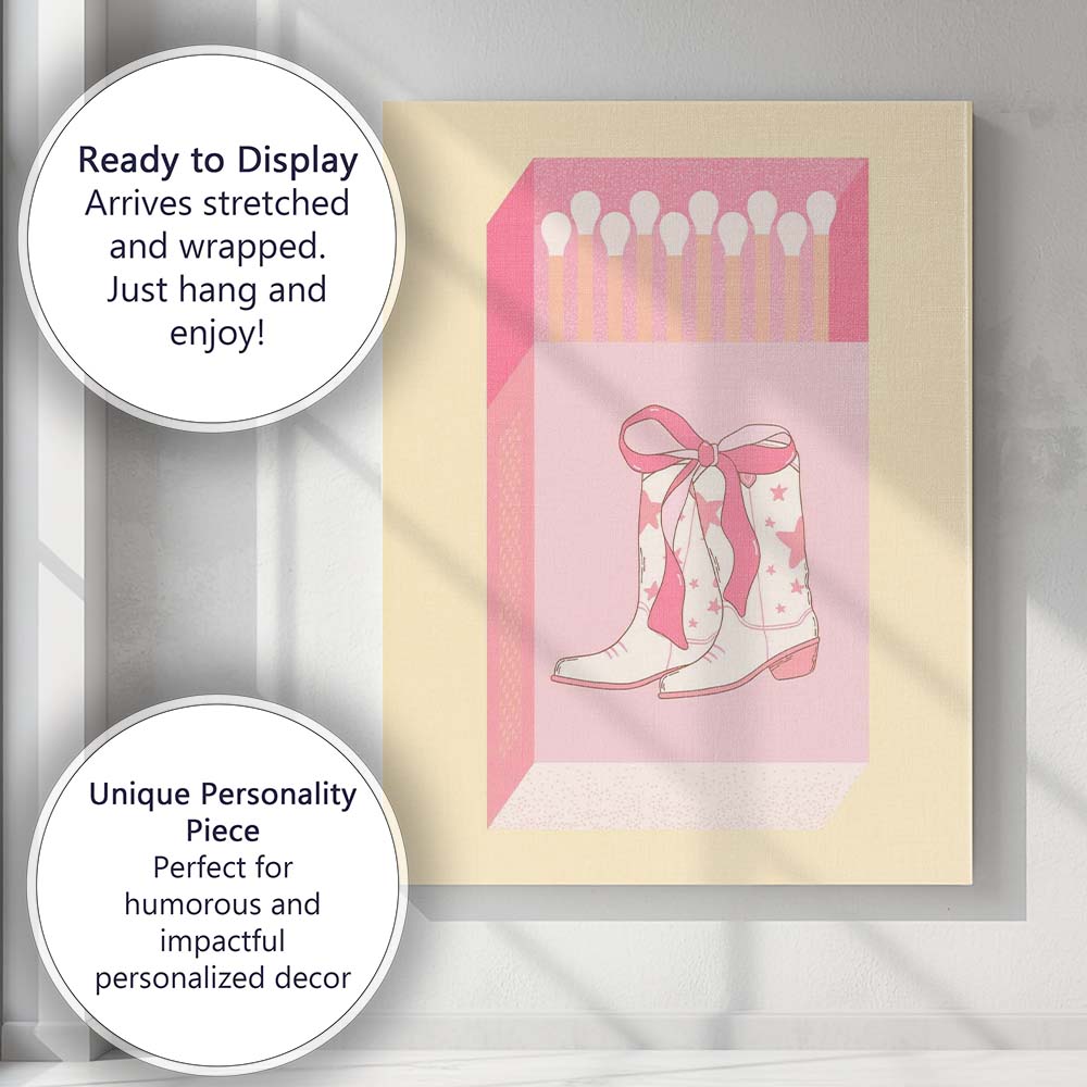 Cute Pink Bow Cowboy Boots Matchbox Illustration Canvas Wall Art Print Decor Picture Ready to Hang