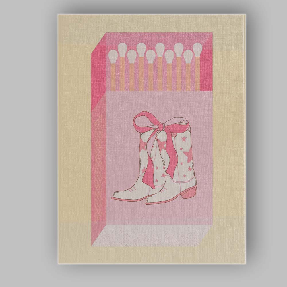 Cute Pink Bow Cowboy Boots Matchbox Illustration Canvas Wall Art Print Decor Picture Ready to Hang