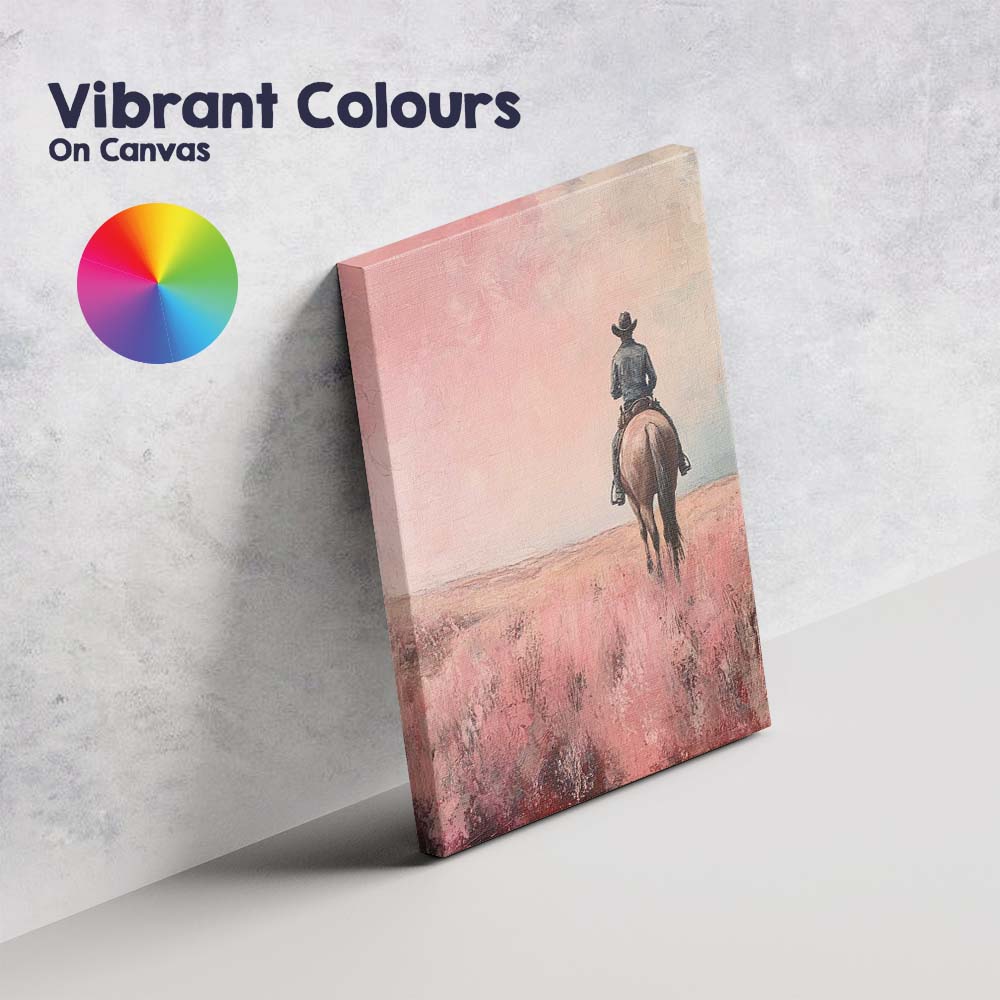 Lone Cowboy Riding Through Pink Prairie Landscape Canvas Wall Art Print Decor Picture Ready to Hang