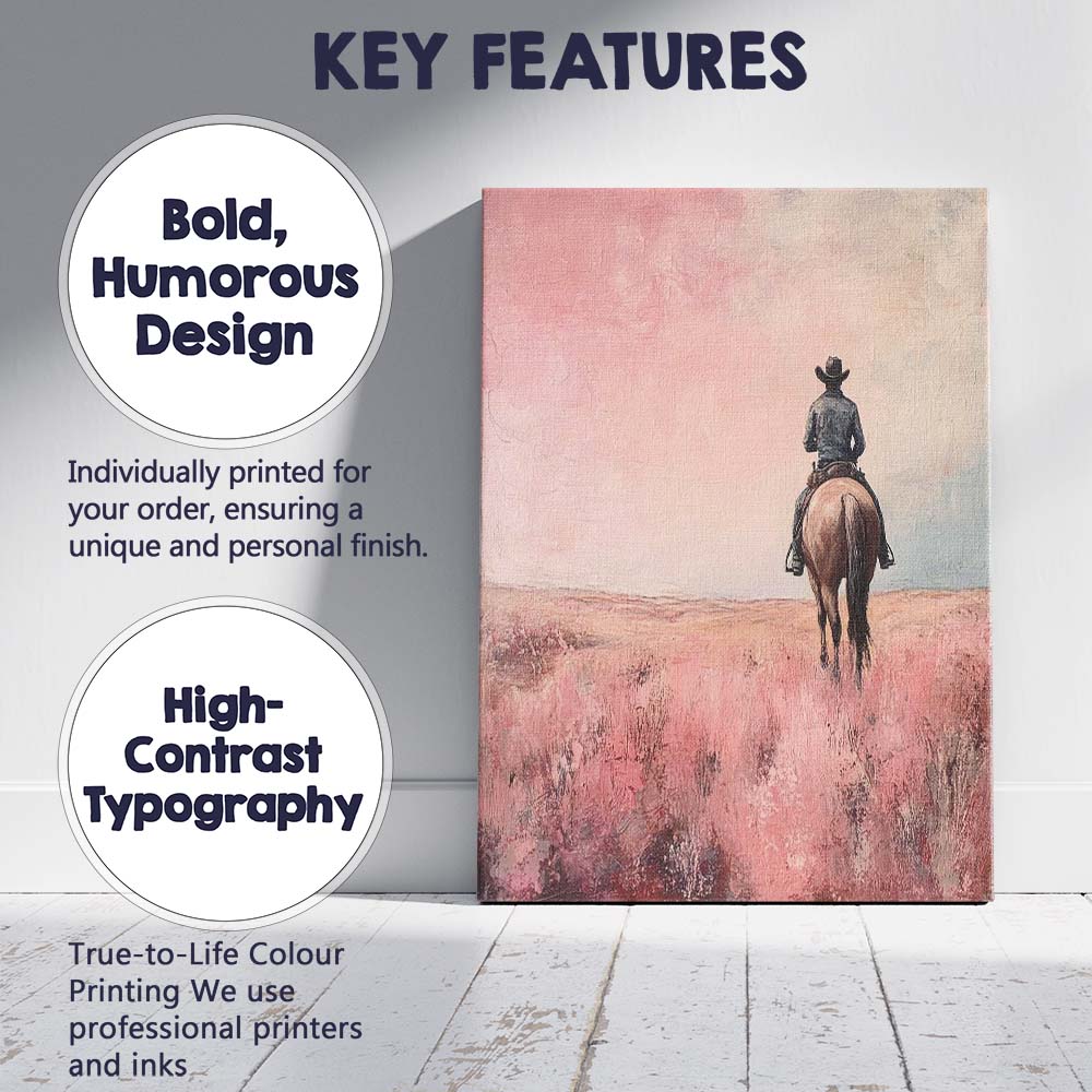 Lone Cowboy Riding Through Pink Prairie Landscape Canvas Wall Art Print Decor Picture Ready to Hang
